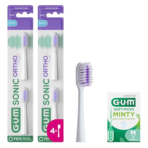 Recharges GUM SONIC ORTHO | Brins souples | idéales pour le nettoyage de l'appareil orthodontique | compatible avec tous les manches GUM SONIC | 4x têtes de...
