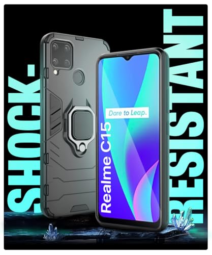 Image of WOW IMAGINE Shock Proof Back Case Mobile Cover for Realme C15 (Tough Armor | Hybrid PC + TPU | Full Protection with Ring Holder & in-Built Kickstand | Black)