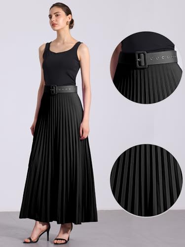 Allegra K Long Pleated Skirt for Women's Elastic High Waist with Belt Swing A-line Work Maxi Skirt2
