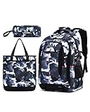 Amythe Schulrucksack Jungen Teenager, Schulranzen für Jungen der 3. 5. bis 7. Klasse, Wasserdicht Camouflage Schultasche Set mit Umhängetasche Stifttasche, Großer Lässiger Rucksack, Schwarz