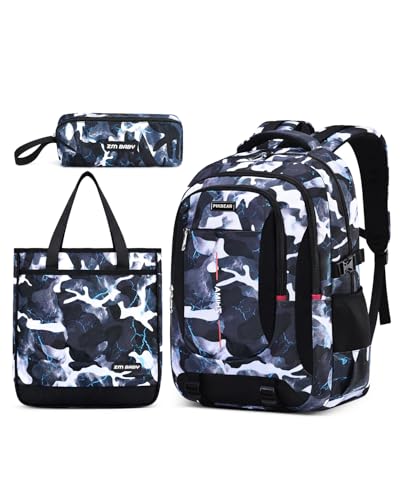 Amythe Schulrucksack Jungen Teenager, Schulranzen für Jungen der 3. 5. bis 7. Klasse, Wasserdicht Camouflage Schultasche Set mit Umhängetasche Stifttasche, Großer Lässiger Rucksack, Schwarz