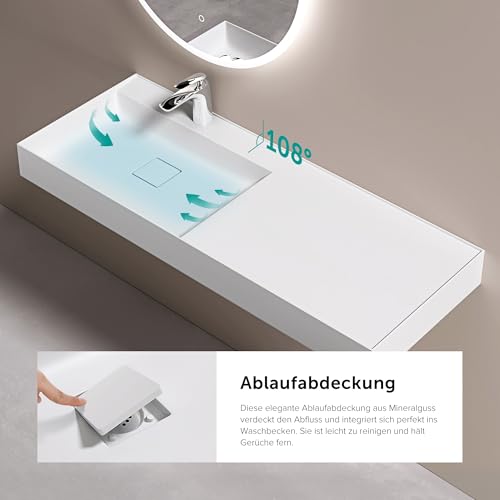 doporro Waschbecken Aufsatzwaschbecken Hängewaschbecken aus Mineralguss BTH: 100×46×12cm Waschplätze in matt Weiß inkl. Ablaufgarnitur Colossum630