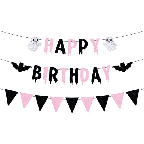 Banderole Joyeux Anniversaire pour Halloween, Toile de Fond Noire et Rose Guirlande en Papier Motif Fantôme Chauve-Souris Triangle Décorations pour Fêtes d'Halloween