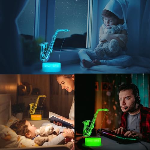 POSSHE Saxophone Night Light, 3D Illusion Night Light with 16 Colors Changing, Remote Control with Timer, Music Accessories Toys and Room Decoration for Holiday Birthday Christmas