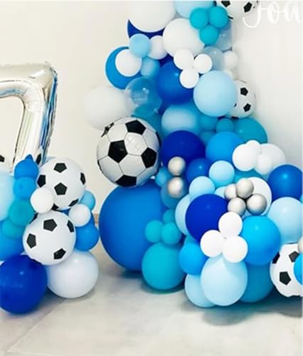 Image of Soccer Balloon Arch Kit, 4D Football Foil Ballons Royal Blue White Silver
