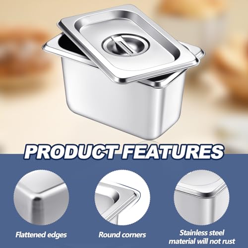 Image of Mifoci 6 Pack Stainless Steam Hotel Pan with Lid, 1 /9 Size x 4 Inch Deep Steam Table Pan Restaurant Supplies Reusable Anti Rust Catering Storage for Home, Party, Restaurant, Hotel, Buffet
