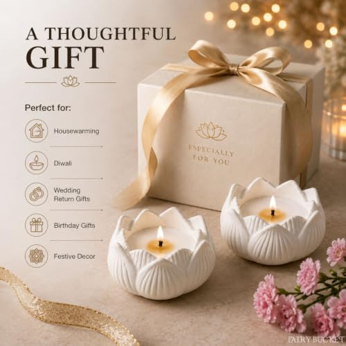 Image of FairyBucket Lotus Scented Candle with Reusable Concrete Tea Light Holder | Vanilla Fragrance Soy Wax Candle | Handcrafted White Lotus Candles for Home Decor, Bedroom, Living Room & Gifting