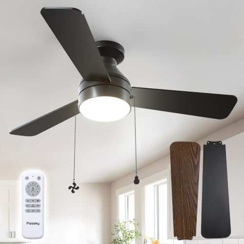 Image of Passky 42 Inch Black Low Profile Ceiling Fan with Light, Pull Chain&Remote | Flush mount, pull chain, remote, 3-color dimmable light, quiet reversible DC motor, easy install, memory, timer, bedrooms