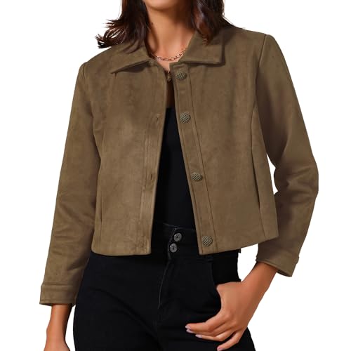 Allegra K Womens Faux Suede Cropped Jacket Collar Long Sleeve Button Down Short Jackets Coat