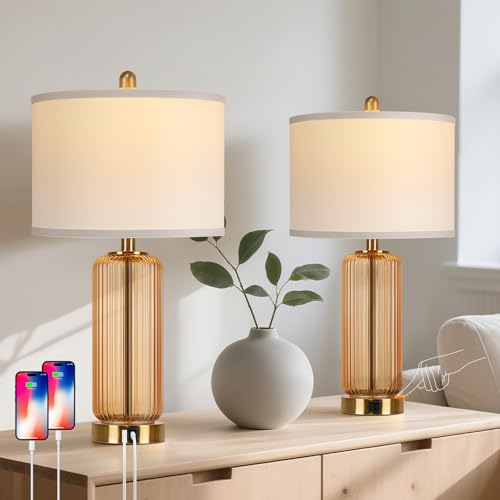 Table Lamps Set of 2 with Touch Control, 3-Way Dimmable Nightstand Lamp with Vertical Grained Glass, Bedside Table Lamps, 27