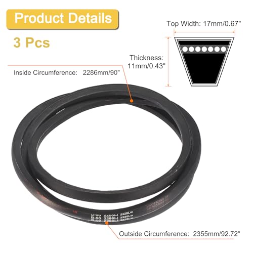 Image of Uxcell 3 Pack B90 Classic V-Belt, 93 inch Outside Circumference, Black, Industrial Rubber V-Belt, B Profile, for Machinery Equipment