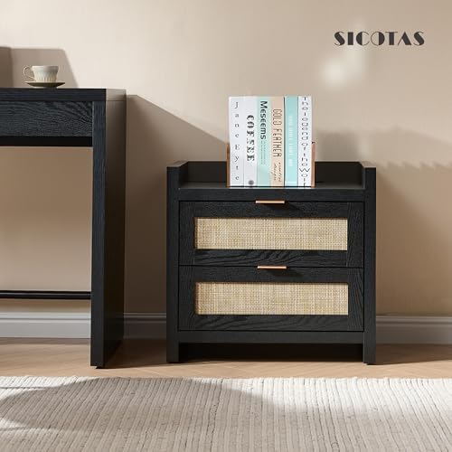 Image of SICOTAS Black Nightstands Set of 2 Bed Side Table - Boho Night Stand End Table with Type-C Charging Station, 2 Rattan Decor Drawers Storage Cabinet Night Stands for Bedroom, Black Oak