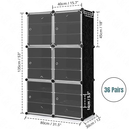 Image of ABOUT SPACE Shoe Rack for Home with Door - 36 Pair DIY Slipper Stand with Hanger, 6 Cube Expandable Shelves Closed Shoes Rack for Home Men, Women Heels Boots Flip-Flops(Black-L 80 x B 30 x H 135 cm)