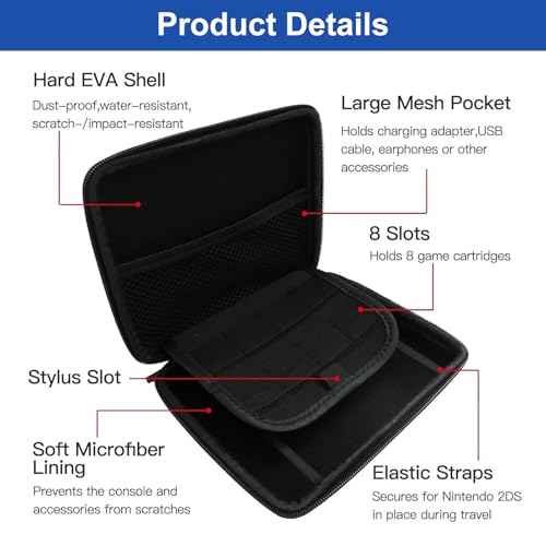 Image of ciciglow Protective Hard Shell Travel Carrying Case for 2DS with 8 Game Card Holders, Shockproof Dust Proof, Soft Interior, Portable Strap, Lightweight Design, Inner Mesh Pocket (Black)