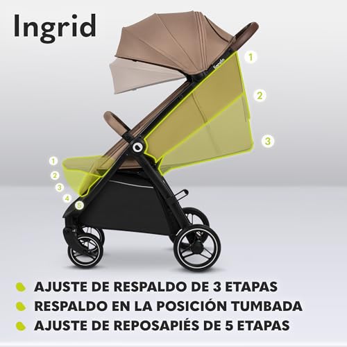 LIONELO INGRID Silla de paseo hasta 22 kg de 6 meses a 4 años Grandes ruedas giratorias 360° Suspensión total Se puede plegar con una mano Respaldo y reposapiés ajustables Capota XXL grande (Beige) - imagen 4