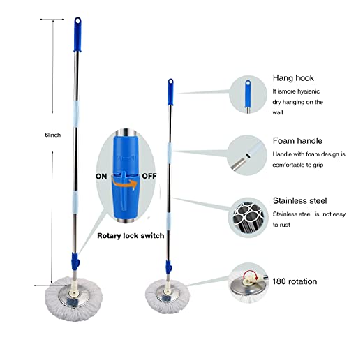 Spin Mop Bucket System, 360 Spin Floor Cleaning Mop Bucket with 3 Microfiber Replacement Head Refills Telescoping Handle for House Cleaning