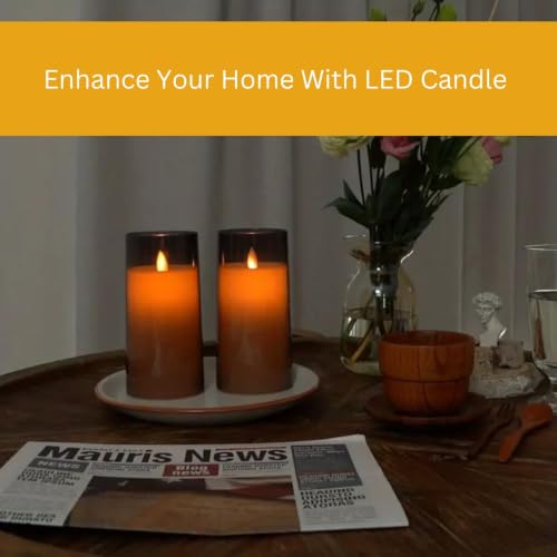Image of Flameless LED Pillar Candle Set of 2 | Acrylic Fiber Glass | Dancing Faux Wick | Remote Control with Battery Operated 3 AA | Home Decor & Gifting | 3 inch D x 6 inch H | Grey