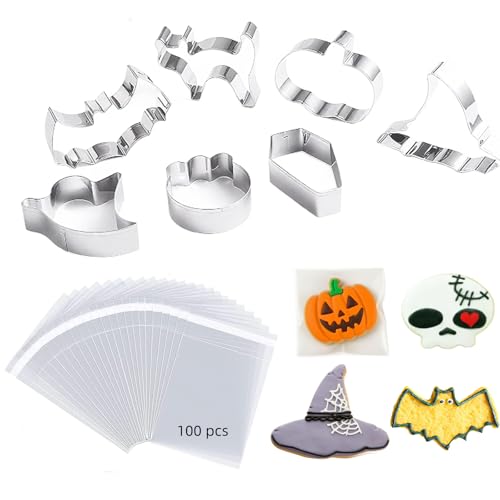 LIANRISES 7pcs Halloween Stainless Steel Cookie Cutters Set, with 100pcs Cellophane Bags, Baking Tools for Kids, Autumn Biscuit Cutter, Halloween Ghost Pumpkin Fondant Cutters