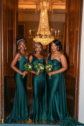 One Shoulder Bridesmaid Dresses Mermaid Satin Long Ruched Bodycon Formal Evening Dress for Women2