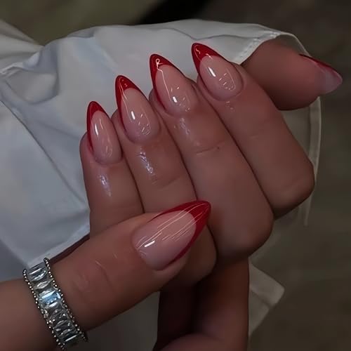KQueenest 30 Pcs Red French Tip Press on Nails Medium Short Almond Nails Acrylic,Natural Nude Fake Nails Press ons,Classic Glue on Nails Short,Gel French Nails for Women DIY Instant Manicure