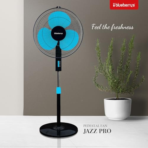 Image of Blueberry's High-Speed Oscillating Pedestal Fan, 3-Adjustable Fan Speeds, Rust Resistant Body, Adjustable Length, RPM 2200, 400-mm Sweep Length (Blue)