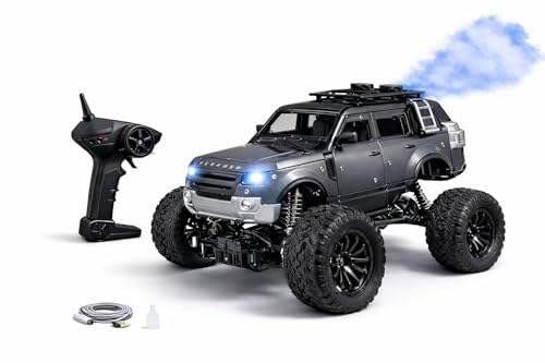 Image of 200+ Feet Range Rechargeable Metal Body Defender RC Rock Crawler Car with Double Mist Spray, LED Headlights, Type-C Port, Off-Road Remote Control Monster Truck Toy for Kids (Black)