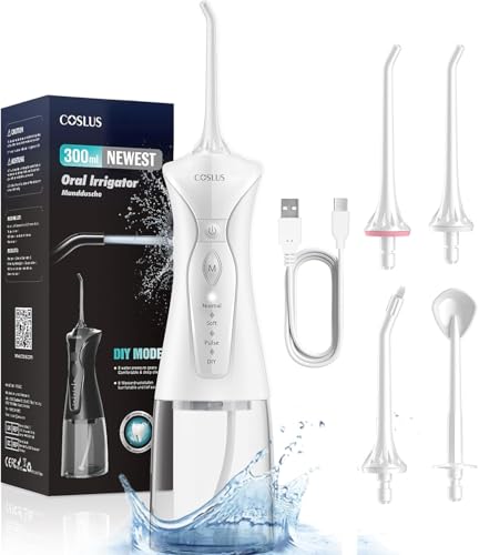 COSLUS Hydropulseur jet Dentaire Portable: 4 Modes Hydropulseur et Irrigateurs Oral, Réservoir d'eau 300 ml Vainqueur du Test, Rechargeable et Étanche IPX7,...