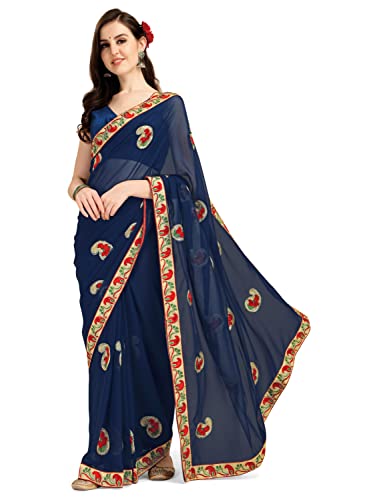 Image of EthnicJunction Women's Embroidered work Georgette Saree With Unstitched Blouse Piece