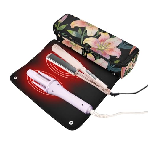2 in 1 Organizador para Herramientas de Cabello con Alfombrilla Resistentes al Calor Grande para Planchas de Pelo y Secadores, Estuche de Viaje Flor Retro Lily para Mujeres miniatura 2