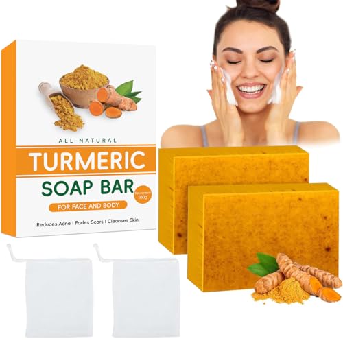 2PCS Jabón de Cúrcuma Natural, Jabón de Ácido Kójico de Cúrcuma y Limón, Removedor de Manchas Oscuras para la Cara y el Cuerpo, Kojic Acid Soap para Todo Tipo de Piel, Hidratante, Puro Hecho a Mano