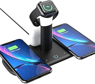 Upgrade 5 in 1 Wireless Charger 15W Qi Charging Station and Indicator for iPhone 13/12/11 Pro/XS, Air Pods 3/2/1/pro, iWatch Series 7/6/5/4/3, Samsung and Wireless Charging Smart Phones (Black)