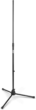On-Stage MS7700B Tripod-Base Mic Stand Setup for Vocal and Instrument Microphones, Adjustable Height, 5/8-27 Threading, Portable, Folding, Nonslip Rubber Feet, Cable Clip, Steel, Black