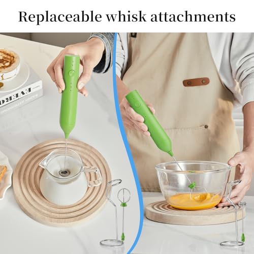 Image of Rechargeable Milk Frother Set by ELMWAY, Electric Drink Blender with Wand and Egg Whisk, Foam Maker Mixer, Milk Frother Handled for Coffee, Latte, Matcha, Protein Powder (Green with Stand)