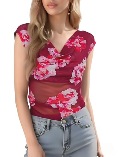 GERT COREL Women's Cowl Neck Sleeveless Top 2026 Sleeveless Ruched Floral Printed Shirts Summer Tank Tops Burgundy - image 4