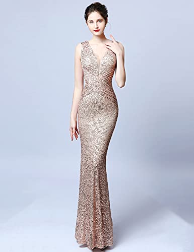 A Arfar Princess Dress For Women V-Neck Maxi Dress Sleeveless Sexy Sequin Dress Ladies Long Evening Prom Dress Glitter Mermaid Dress Party Women's Formal Cocktail Gowns Rose Gold M #TOP3