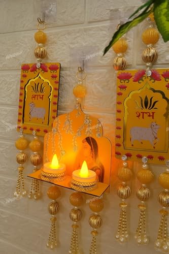 Divyakosh Wooden Jharokha Shubh Labh Wall Frames with LED (1 Set - 3 Pcs) ; Yellow ; Rajasthani Window Style Wall Decor for Home, Living Room, Hall & Office, Diwali Decorative Items |