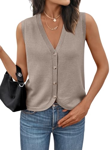 Image of LILLUSORY Womens V Neck Button Down Sleeveless Knitted Fall Sweater Vest | Soft Breathable Blend Tank Blouses for Ladies, Chic Curved Hem Preppy Outfits, Four-Season Versatile Layering Clothing Piece