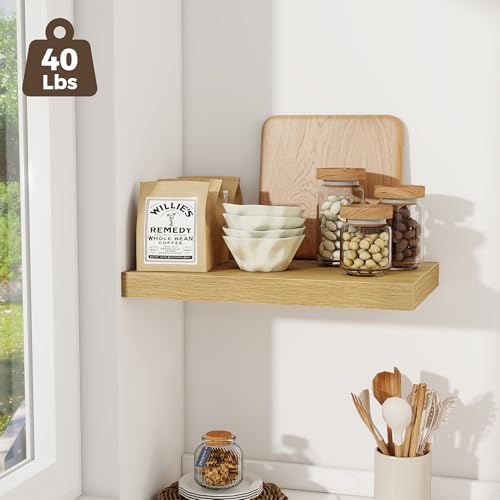 Image of Fun Memories 12 Inch Deep Floating Shelves for Wall, 20 Inch Long Wall Mounted Storage Shelf with Invisible Brackets, 2 Pack Hanging Wood Shelf for Farmhouse, Bedroom, Kitchen, Living Room, Oak
