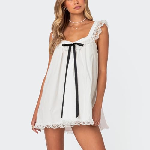 Women Y2K Lace Trim Slip Dress Casual Bow Tie Pleated Ruffle Tunic Dress Summer Outgoing Solid Color Short Sundress4