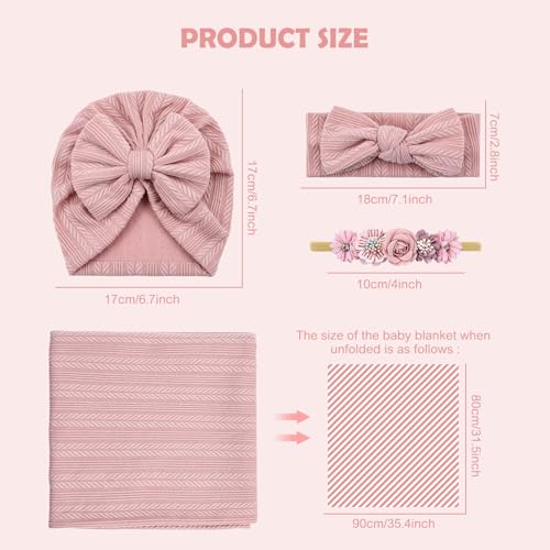Image of Cinaci 4pcs Dusty Pink Soft Nursery Newborn Baby Receiving Swaddle Blanket with Matching Turban Hat Bow Headbands Floral Nylon Headbands for Baby Girls Newborn Infants