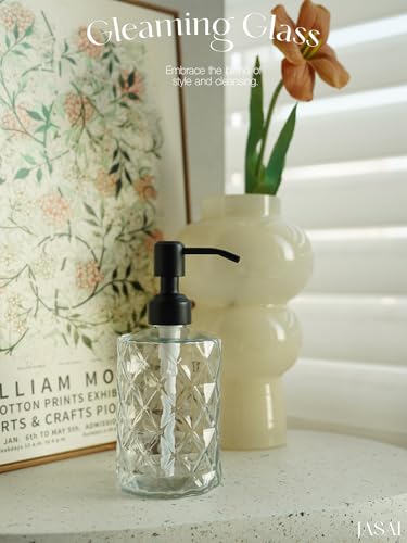 Image of JASAI Diamond Design 12 Oz Glass Soap Dispenser with Black Pump | Small Hand soap Dispenser with Rust Proof Pump, Bathroom Soap Dispenser for Hand Soap, Liquid Soap, Dish Soap.