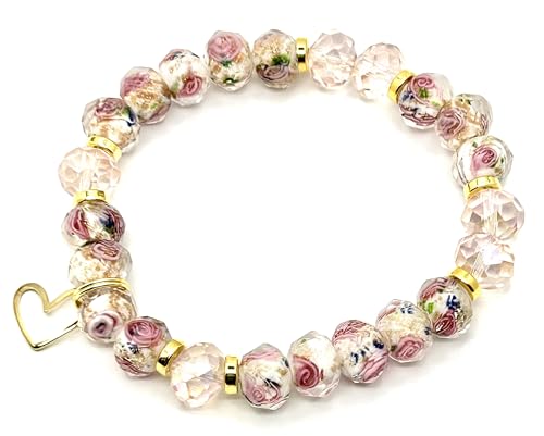 Handcrafted Women's White Glass Floral Bracelet, Lampwork Gold Sand Faceted Beaded Stretch Bracelet, Pink Rose Pattern with 18k Gold-Plated Accents and Open Heart Charm Fits most Wrists