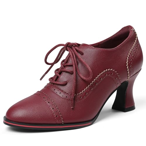 Yremael Women's Red Oxfords Dress Wingtip Vintage Comfortable Chunky High Heel Lace Up Brogues Booties