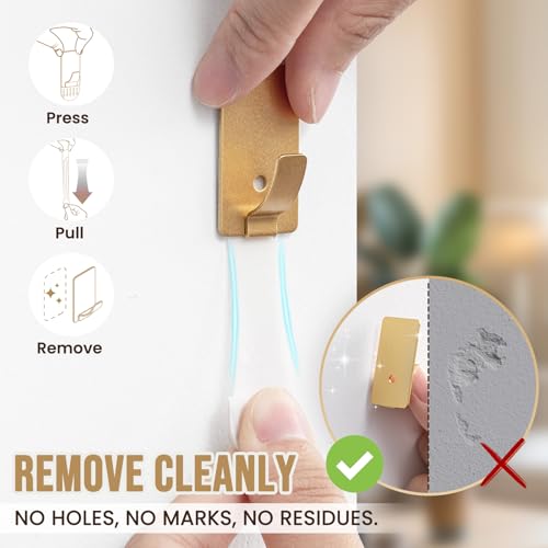 Image of TAILI Hooks for Hanging 10 Metal Sticky Hooks and 14 Adhesive Strips Gold