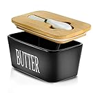 Hasense Large Butter Dish with Lid, Ceramic Butter Dish with Knife for Countertop, Airtight Covered Butter Keeper Container, Black Butter Holder for Refrigerator, Farmhouse Kitchen Decor Gift