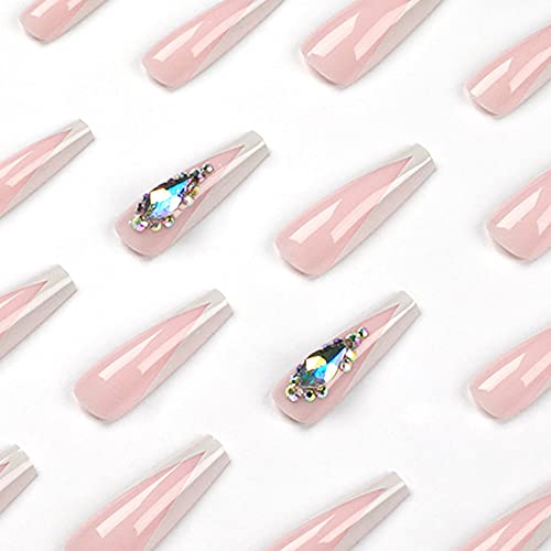 24Pcs Press On Nails Long Fake Nails Acrylic French Tip Exquisite Rhinestones False Nails White Nail Tips Full Cover Coffin Artificial Nails Holographic Nails Stick On Nails For Women #TOP3