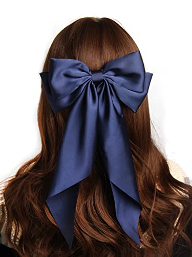 Pack Of 2 Big Bow Hair Barrette Clips Soft Satin Silky Bowknot With Long Tail French Barrette Hair Clip Hair Scrunchie Cute Gifts For Women Girls Navy White #TOP4