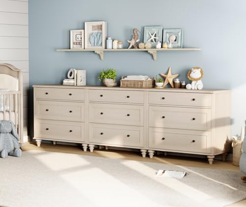 Image of WAMPAT Kids Dresser with 9 Drawers, Baby Dressers with Wide Chest of Drawers, Mid Century Modern Wooden Closet Storage Organizer, Large Wood Dressers for Bedroom, Nursery, Hallway, Beige, 102 inch