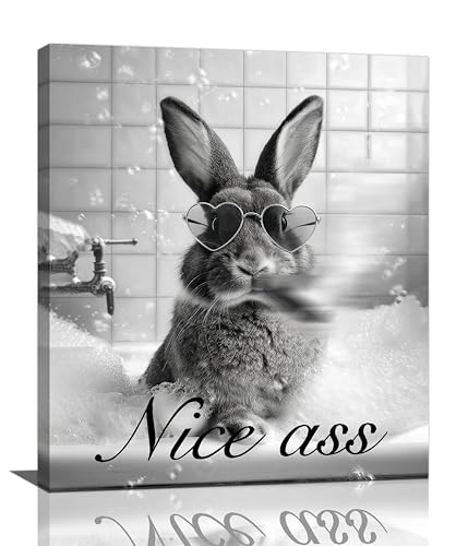 Funny Rabbit Bathroom Wall Art Black And White Bunny Bathtub Canvas Wall Decor Pictures Paintings Prints Artwork Framed Decorations For Bedroom Living Room Gifts 20" x 24"