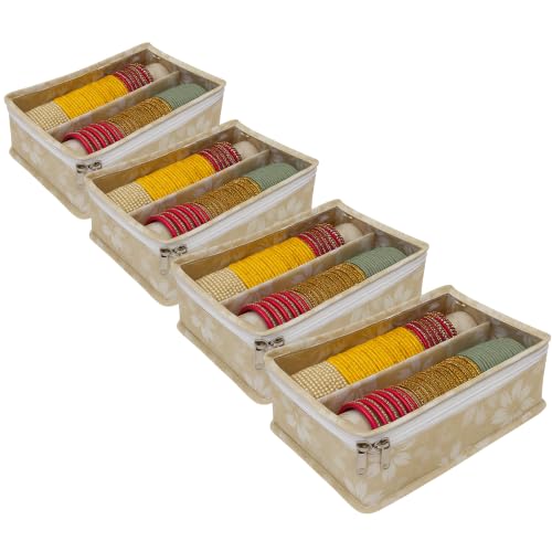 Image of PVC 2- Rod Bangle Box Organizer for Women | Hard Board Chudi Storage Box with Removable Rods & Transparent Top Window | Jewellery Organizer | Beige, Pack of 4
